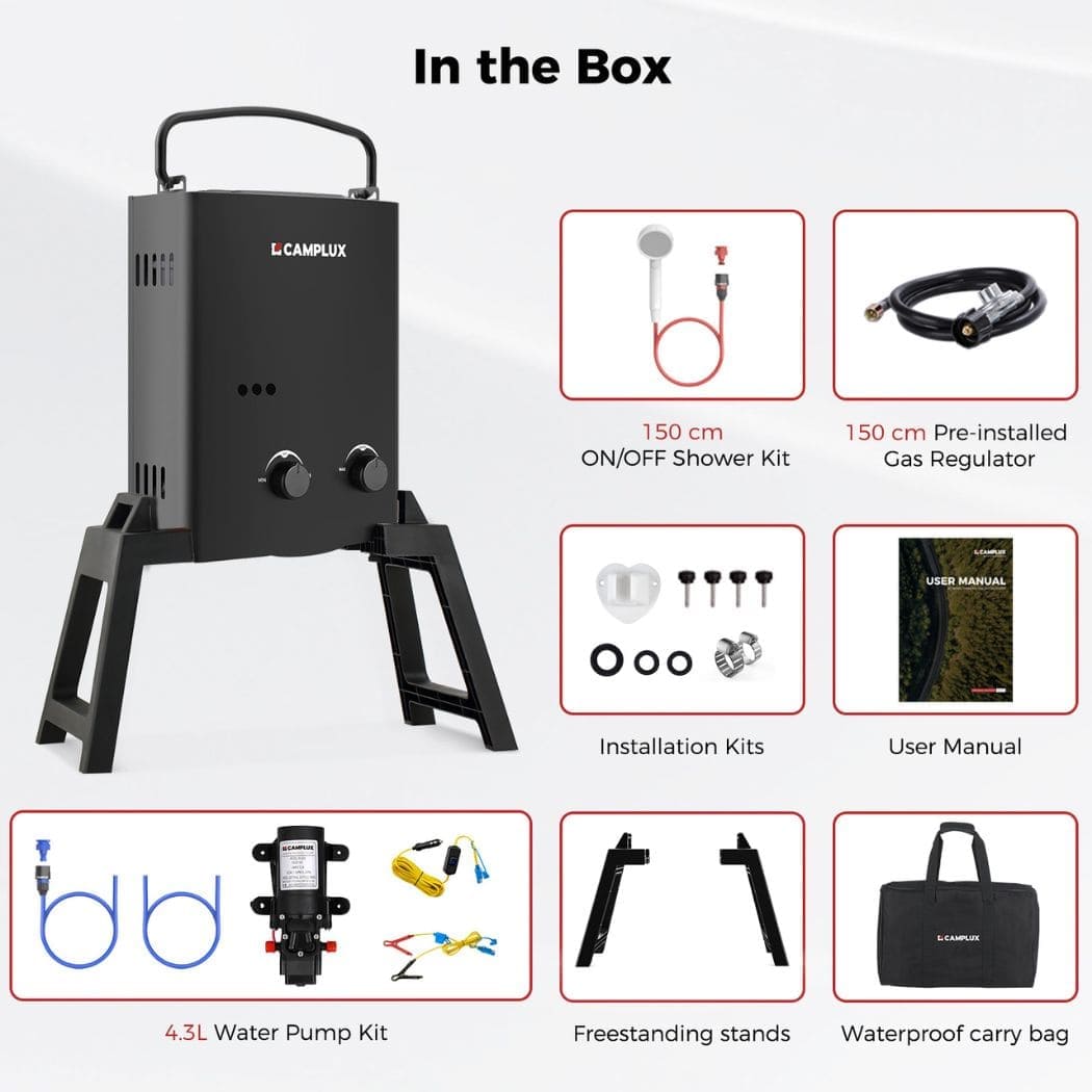 Camplux 5L Black Portable Water Heater w/ Stand & Pump Pack