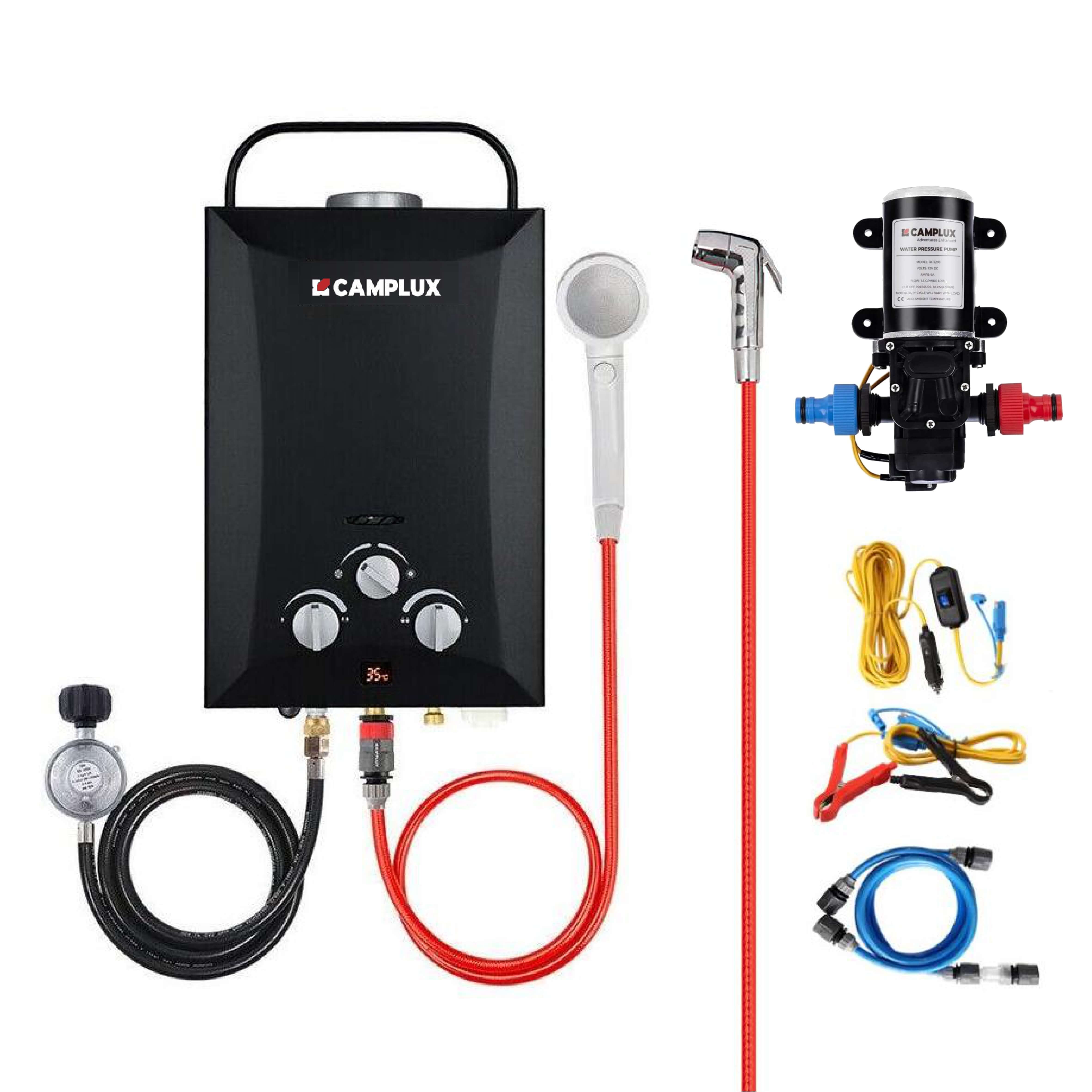 8 Liter Camplux Black Portable Water Heater with 6L Pump Pack