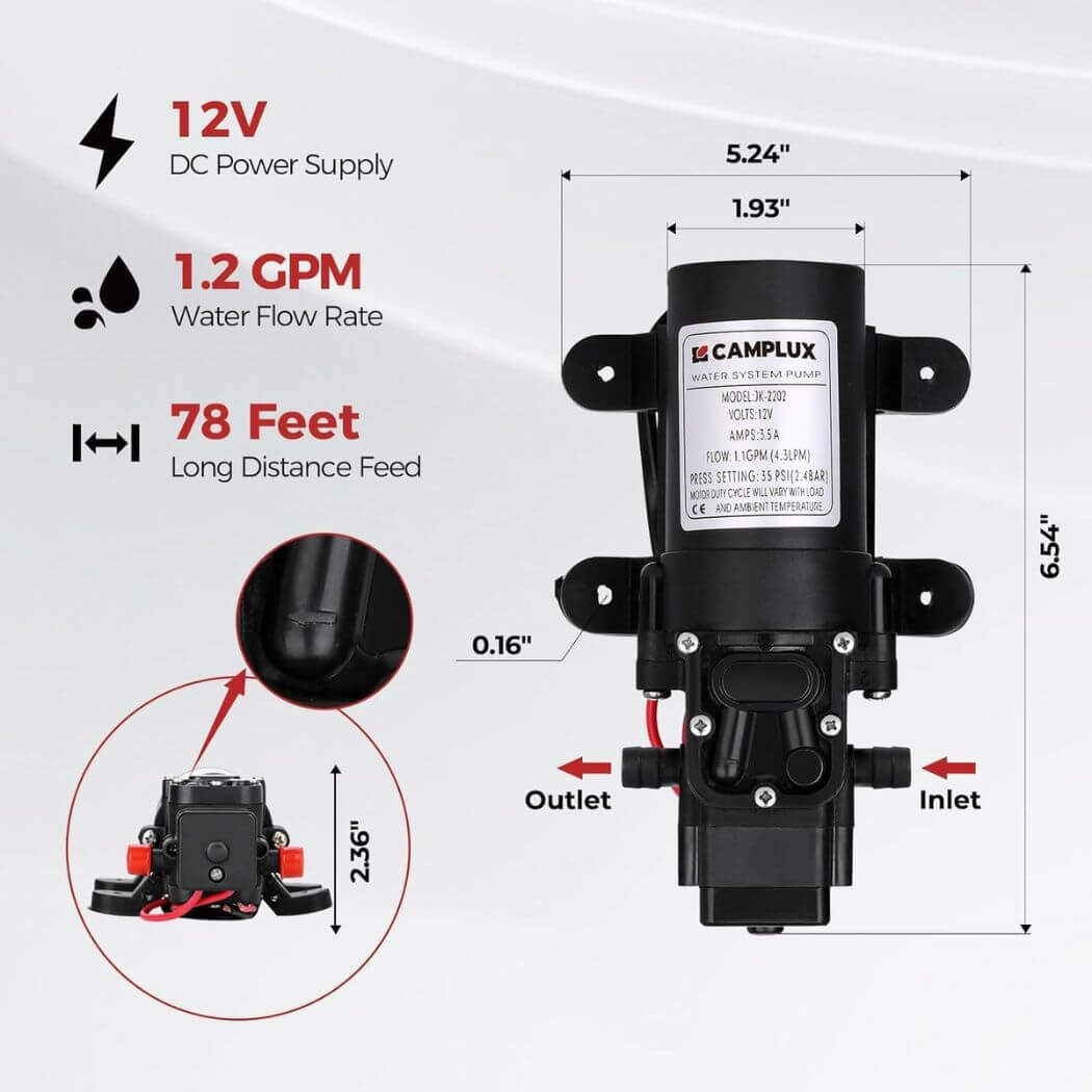 CAMPLUX 12V Pump 35PSI Self Priming Diaphragm 4.3LPM Caravan Shower Camping