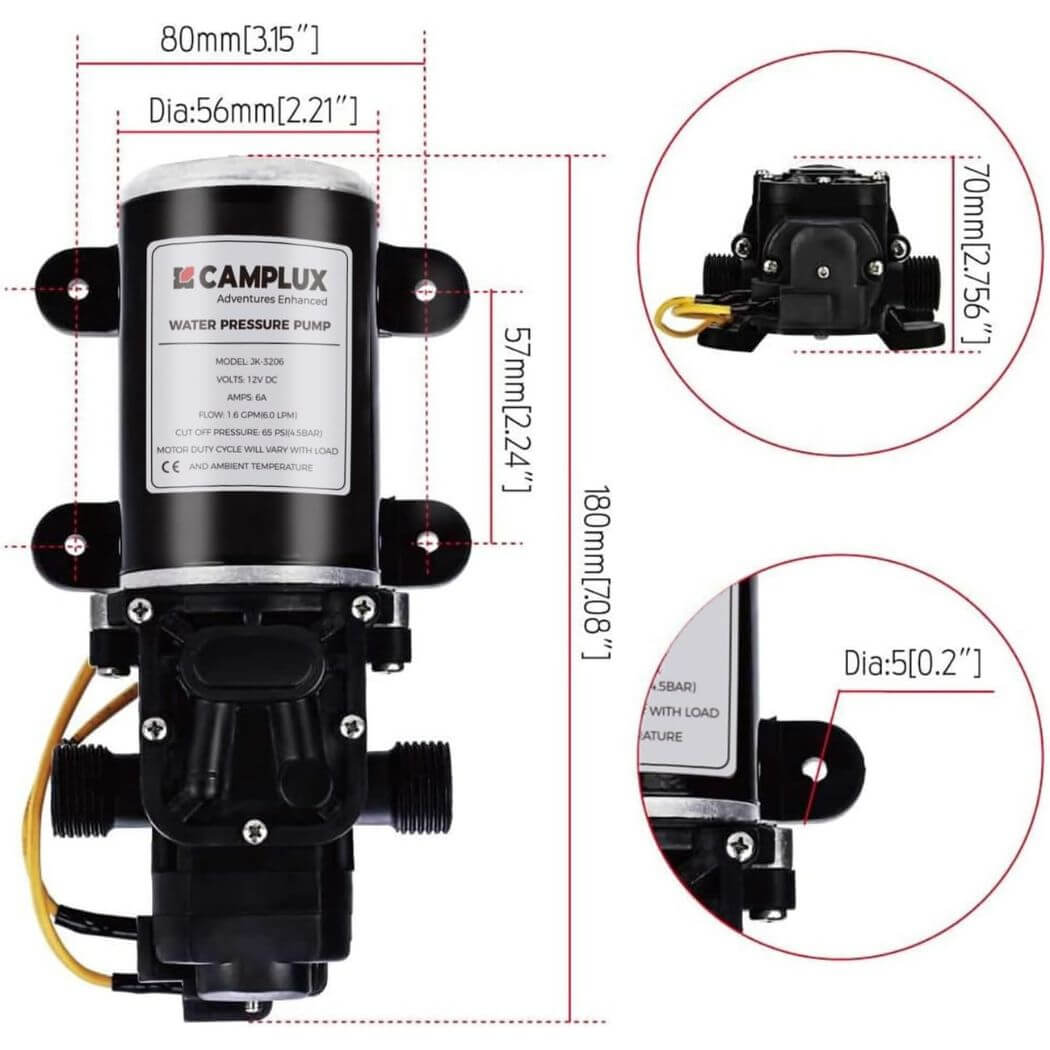 CAMPLUX 12V Water Pump 65PSI Diaphragm 6L Caravan Boat Gas Hot Water System