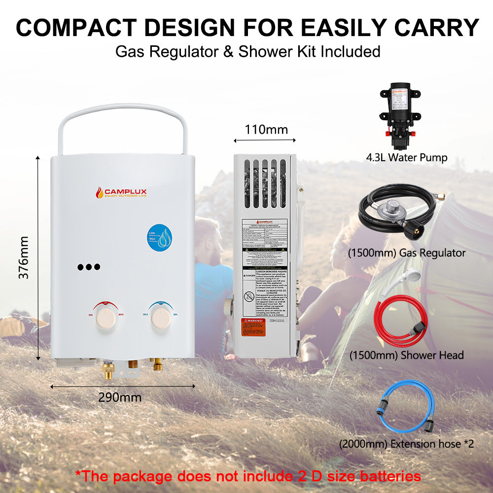 5 Liter Camplux Portable Water Heater & 4.3L Pump Pack