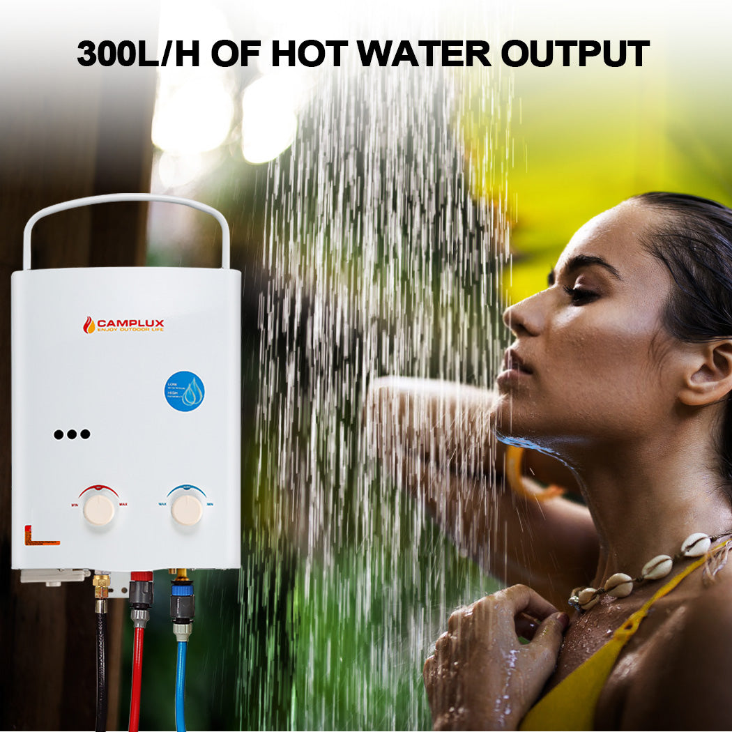 5 Liter Camplux Portable Water Heater with 4.3L Pump & Stand Shower