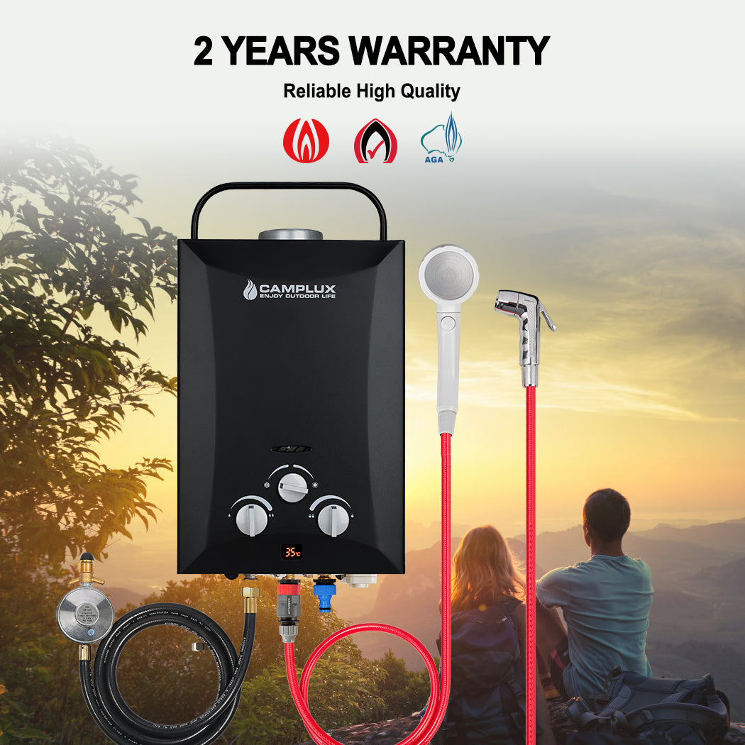 8 Liter Camplux Black Portable Water Heater with Shower Stand