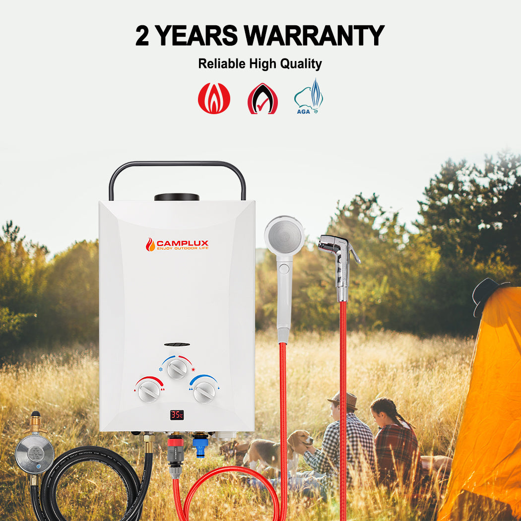 8 Liter Camplux Portable Water Heater with 4.3L Pump & Shower Stand